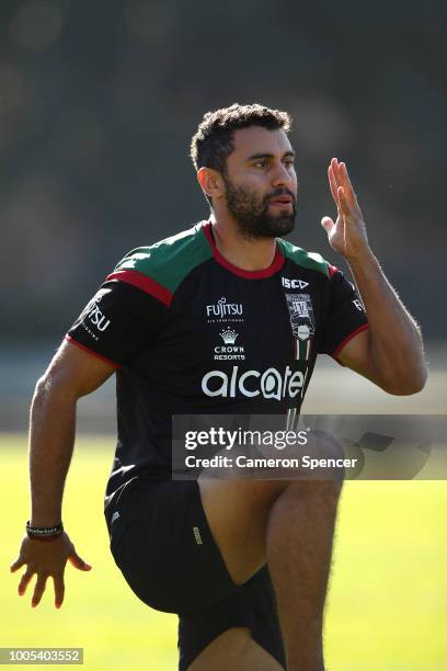 Alex Johnston of the Rabbitohs warms up during a South Sydney Rabbitohs NRL training session at Redfern Oval on July 26, 2018 in Sydney, Australia.