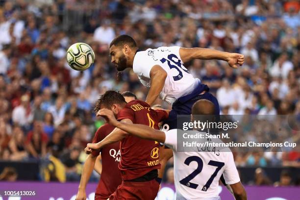 Cameron Carter-Vickers of Tottenham Hotspur scores over the A.S. Roma defense during an International Champions Cup match at SDCCU Stadium on July...