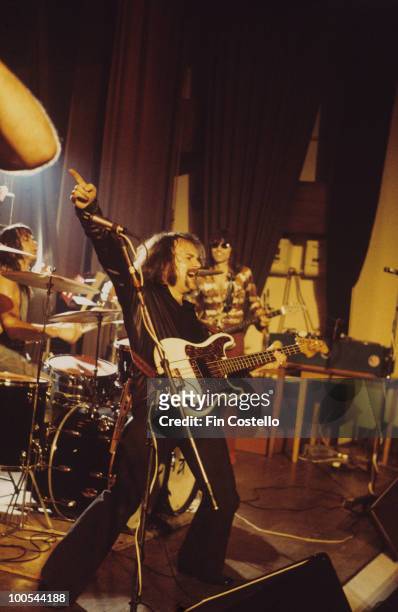 Bob Henrit, Jim Rodford and Russ Ballard of Argent perform on stage at the St Pancras Assembly Rooms in London, England in May 1972.