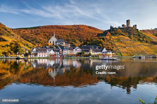 バイルシュタイン リゾートの町、秋のモーゼル ワイン バレーのブドウ畑 - moselle france ストックフォトと画像