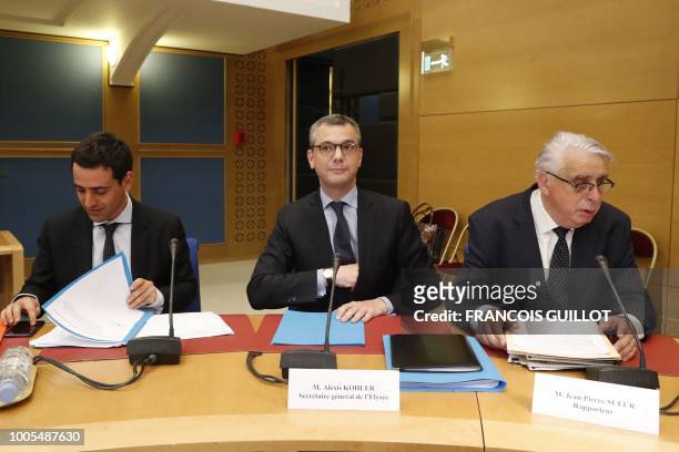 French President's chief of staff Alexis Kohler sits next to member of the Senate Law Commission, French Senator of the Loiret department Jean-Pierre...