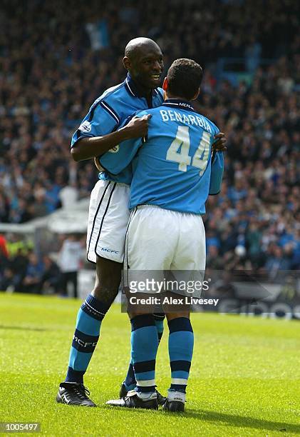 Shaun Goater of Man City celebrates his goal with Ali Benarbia during the Nationwide Division One match between Manchester City and Portsmouth at...