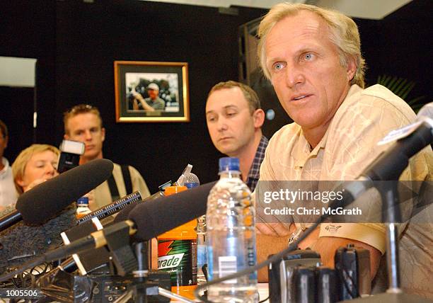 Greg Norman speaks to the media during a press conference discussing his induction to the World Golf Hall of Fame prior the Australian PGA...