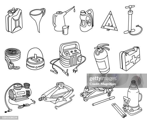 ilustrações de stock, clip art, desenhos animados e ícones de car equipment doodles - extintor de incêndio