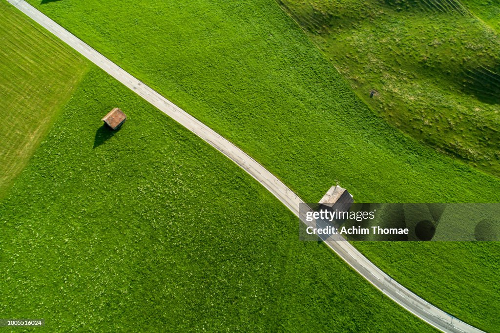 Droneview of an alpine Landscape and road, Switzerland, Europe