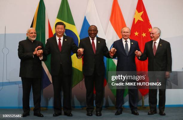 India's Prime Minister Narendra Modi, China's President Xi Jinping, South Africa's President Cyril Ramaphosa, Russia's President Vladimir Putin and...