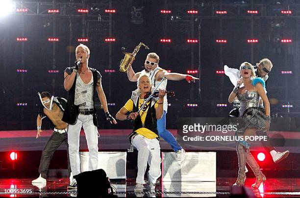 Sunstroke Project & Olia Tira from Moldova performs the song "Run Away" during the semi-finals of the Eurovision Song Contest in Telenor Arena in...