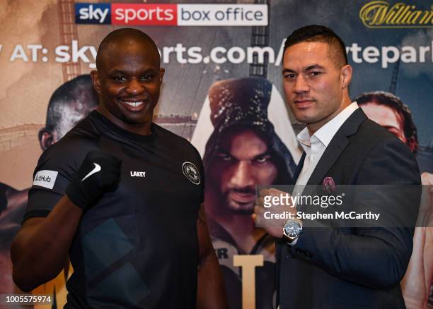 London , United Kingdom - 26 July 2018; Dillian Whyte, left, and Joseph Parker square off following a press conference, at Canary Riverside Plaza...