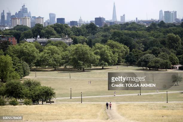 Visitors to Primrose Hill walk on a footpath between the dry brown grass in London on July 26, 2018. - Britain has been in the grip of its longest...
