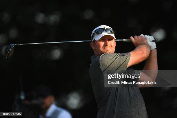 Steve Wheatcroft plays his shot from the tenth tee during the first round at the RBC Canadian Open at Glen Abbey Golf Club on July 26, 2018 in...