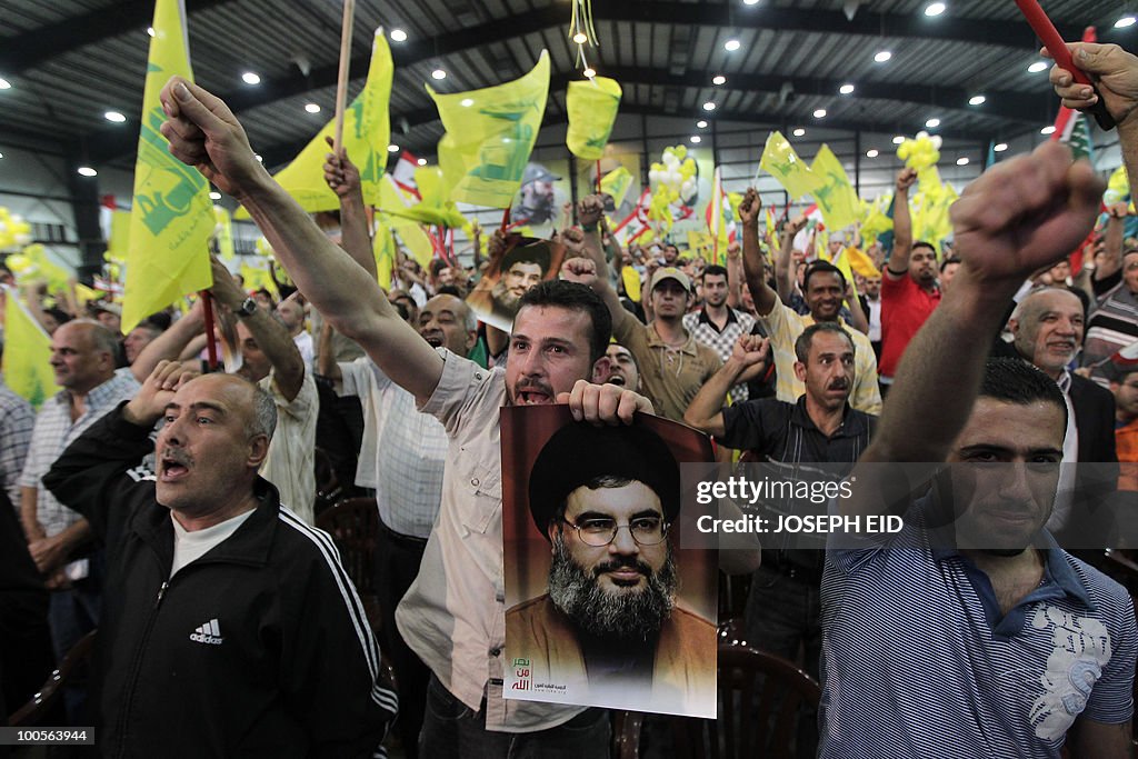 Lebanese Hezbollah supporters shout slog