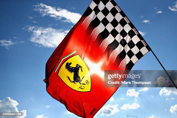 Ferrari flag flies in the paddock during previews ahead of the Formula One Grand Prix of Hungary at Hungaroring on July 26, 2018 in Budapest, Hungary.