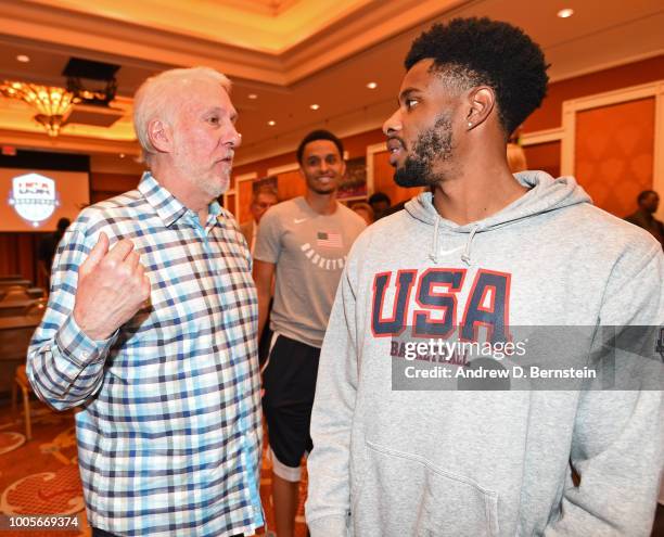 Gregg Popovich and Larry Drew II talk during a team meeting at USAB Minicamp in Las Vegas, Nevada at the Wynn Las Vegas on July 25, 2018. NOTE TO...