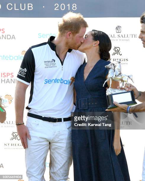 Meghan, Duchess of Sussex and Prince Harry, Duke of Sussex attend the Sentebale ISPS Handa Polo Cup at the Royal County of Berkshire Polo Club on...