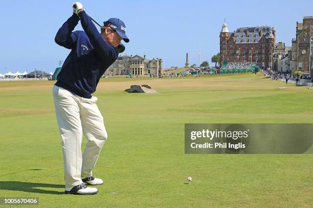 Tom Watson of United States on the 18th tee during the first round of the Senior Open presented by Rolex played at The Old Course on July 26, 2018 in...