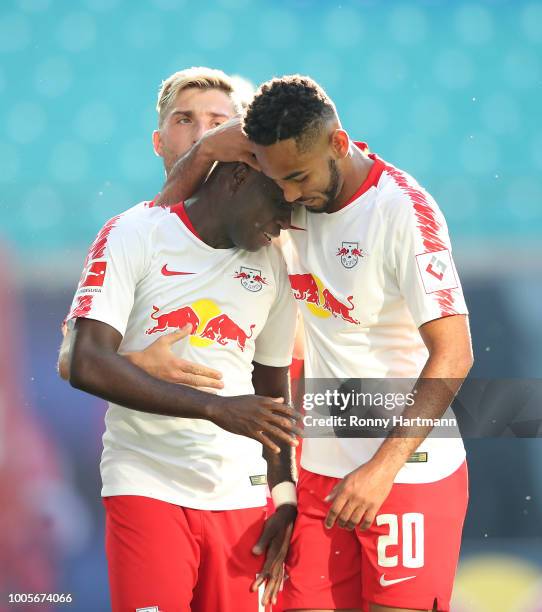 Bruma of RB Leipzig celebrates after scoring his team's opening goal with Matheus Cunha of RB Leipzig during the UEFA Europa League, Qualifying...