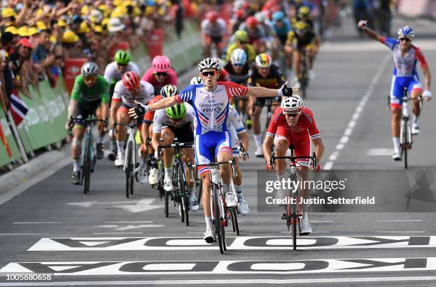 Arrival / Arnaud Demare of France and Team Groupama FDJ / Celebration / Christophe Laporte of France and Team Cofidis / Alexander Kristoff of Norway...