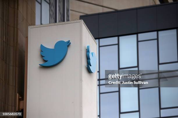 Sign is posted on the exterior of Twitter headquarters on July 26, 2018 in San Francisco, California. Twitter is expected to announce strong second...
