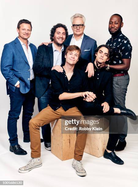 Actors Steve Zahn, Oliver Cooper, John Karna, Bradley Whitford, Dakota Shapiro, and Lamorne Morris of National Geographic's 'Valley of the Boom' pose...