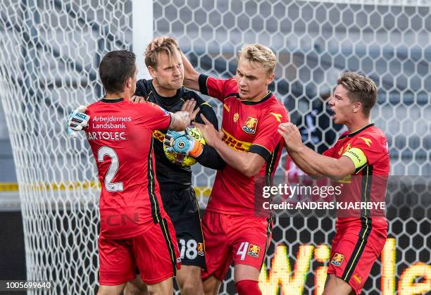 Karlo Bartolec of FC Nordsjaelland, goalkeeper Nicolai Larsen , Victor Nelsson and Mads Mini Pedersen celebrate after the penalty shootout during the...