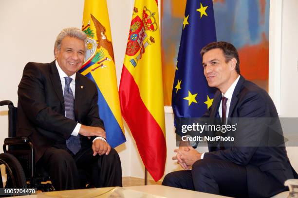 Spanish Prime Minister Pedro Sanchez speaks with ecuadorian President Lenin Moreno during signed a Police Cooperation Agreement for Security and the...