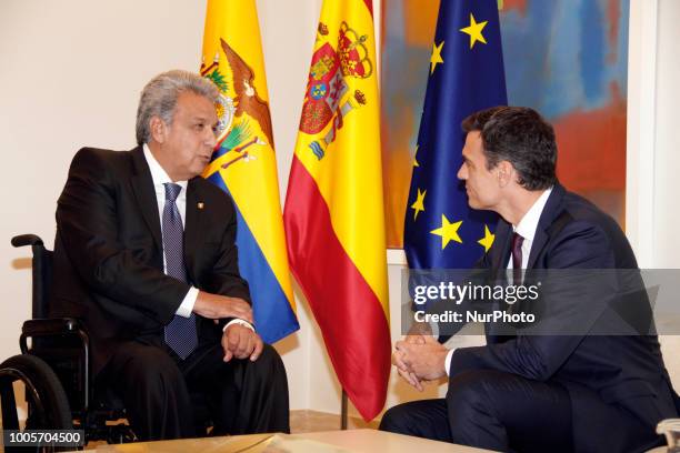 Spanish Prime Minister Pedro Sanchez speaks with ecuadorian President Lenin Moreno during signed a Police Cooperation Agreement for Security and the...