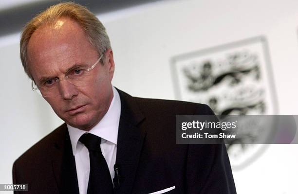 Sven Goran Eriksson the England coach answers questions from the press at the Burton launch of the official England 2002 World Cup suit, London ....