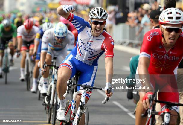 Arnaud Demare of France and Groupama FDJ celebrates winning stage 18 of Le Tour de France 2018 between Trie-sur-Baise and Pau on July 26, 2018 in...