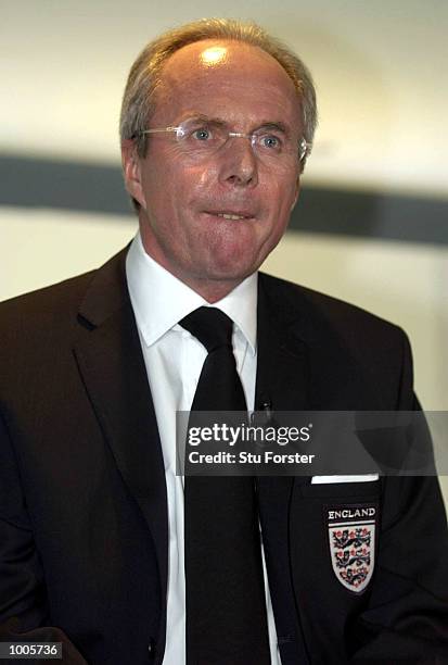 Sven Goran Eriksson the England coach answers questions from the press at the Burton launch of the official England 2002 World Cup suit, London ....
