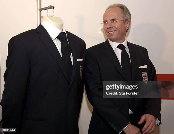 Sven Goran Eriksson the England coach answers questions from the press at the Burton launch of the official England 2002 World Cup suit, London ....