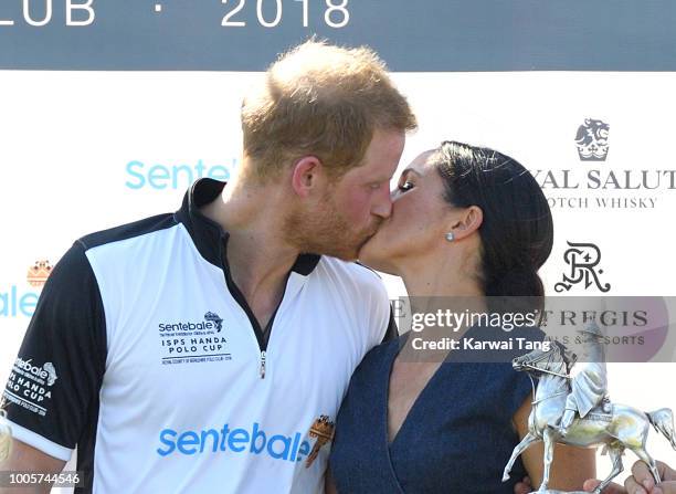 Meghan, Duchess of Sussex and Prince Harry, Duke of Sussex attend the Sentebale ISPS Handa Polo Cup at the Royal County of Berkshire Polo Club on...