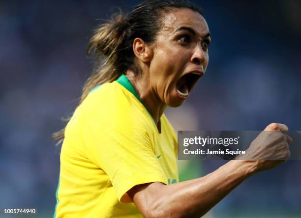 Marta of Brazil celebrates after a goal during their Tournament of Nations match against Australia at Children's Mercy Park on July 26, 2018 in...