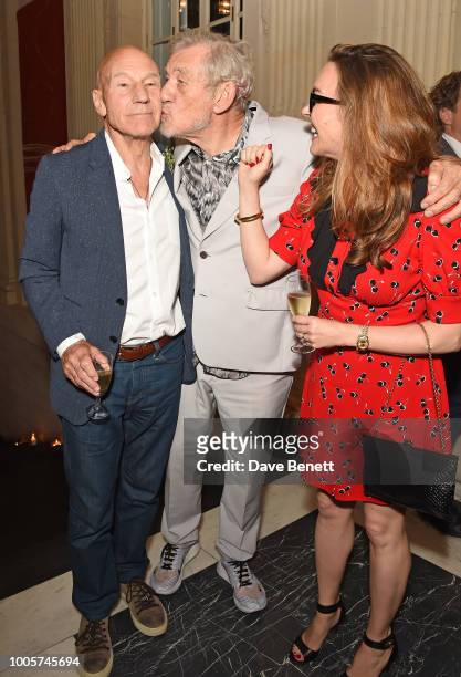 Sir Patrick Stewart, Sir Ian McKellen and Sunny Ozell attend the press night after party for "King Lear" at No.11 Carlton House Terrace on July 26,...