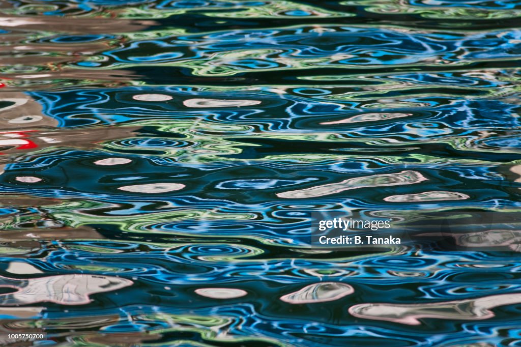Colorful Abstract Reflections on Onagi River in the Old Downtown Fukagawa District of Tokyo, Japan