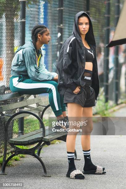 Adriana Lima is seen during a photoshoot for Puma in SoHo on July 26, 2018 in New York City.