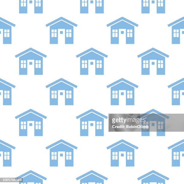 blue houses seamless pattern - bungalow stock illustrations
