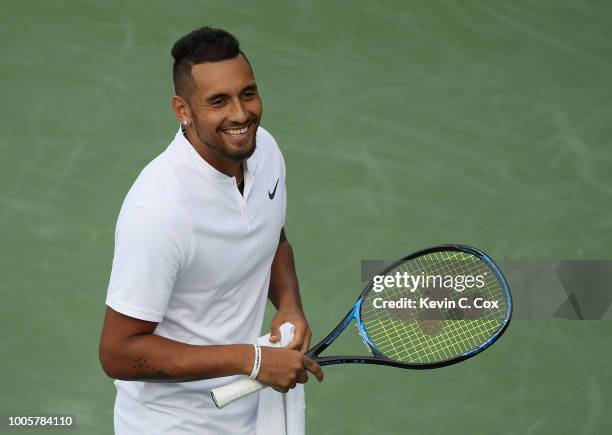 Nick Kyrgios of Australia reacts during the changover after the first game against Noah Rubin during the BB&T Atlanta Open at Atlantic Station on...