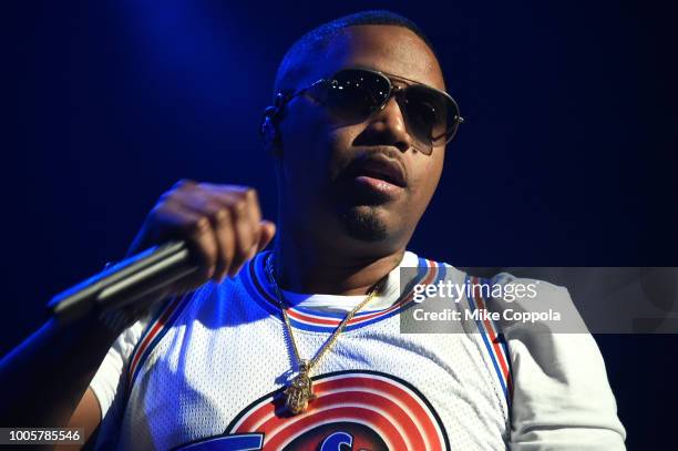 Nas performs on stage for iHeartRadio LIVE and Verizon at PlayStation Theater on July 26, 2018 in New York City.