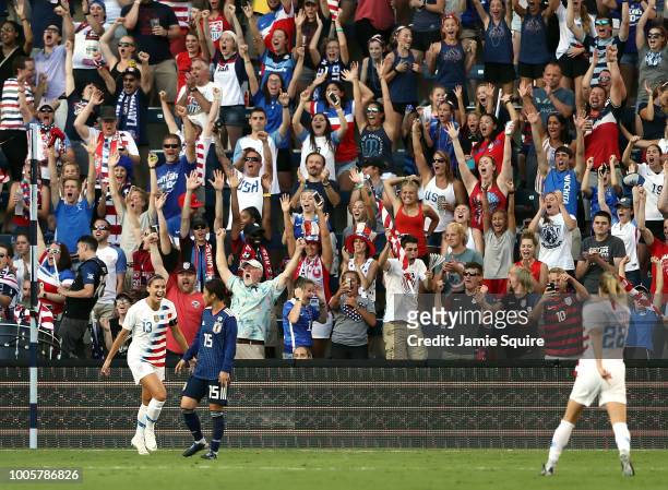 Alex Morgan of the United States celebrates with Emily Sonnett after scoring during their Tournament Of Nations match against Japan at Children's...