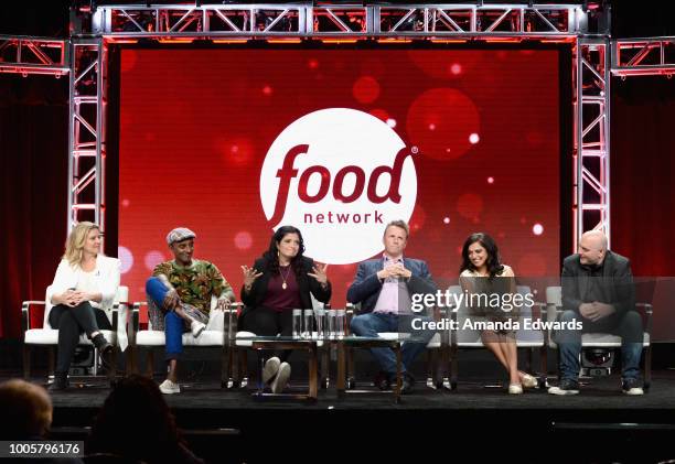 Judges Amanda Freitag, Marcus Samuelsson, Alex Guarnaschelli, Marc Murphy, Maneet Chauhan and Chris Santos of 'Chopped' speak onstage during the Food...