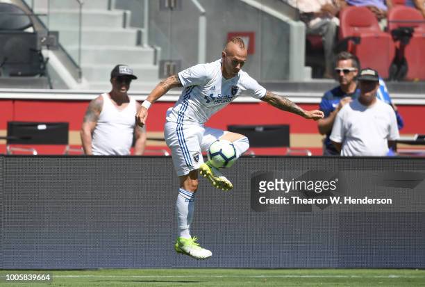 Magnus Eriksson of the San Jose Earthquakes dribbles the ball against Manchester United during the second half of their exhibition soccer game at...