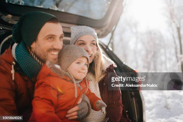 familie op een winter road trip - winter stockfoto's en -beelden