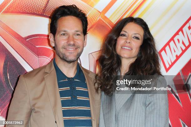 American actors Evangeline Lilly and Paul Rudd during the photocall of the film 'Ant-Man and the Wasp' presented in the De Russie Hotel. Rome, July...