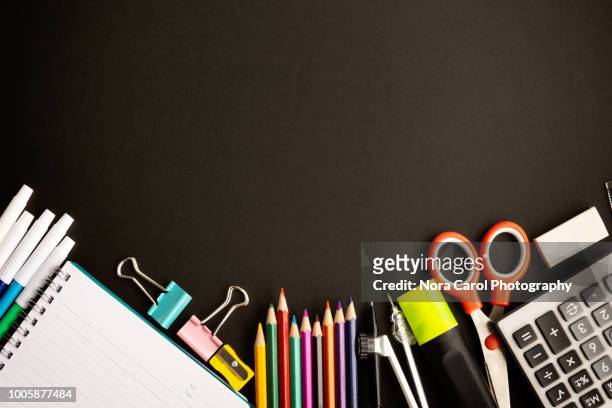 stationeries on blackboard - office supplies stock pictures, royalty-free photos & images