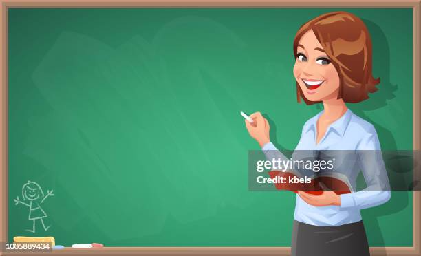 stockillustraties, clipart, cartoons en iconen met vrouwelijke leraar schrijven op blackboard - schoolbord