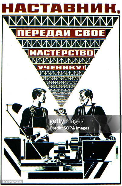 Vintage soviet poster, published in Moskow, 1970s - 1980s. Poster with text Mentor, give the student skills! shows the old and the young men near a...