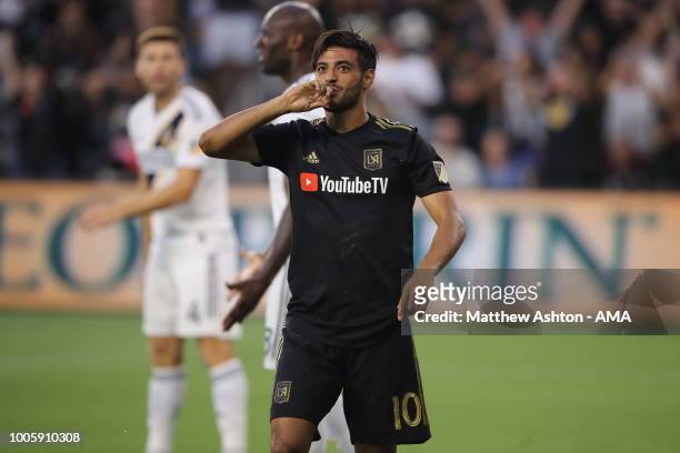 Carlos Vela of LAFC Los Angeles Football Club celebrates after scoring a goal to make it 1-0 during the MLS match between LAFC and LA Galaxy at Banc...