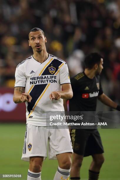 Zlatan Ibrahimovic of LA Galaxy gestures during the MLS match between LAFC and LA Galaxy at Banc of California Stadium on July 26, 2018 in Los...