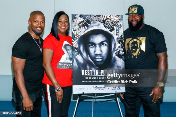 Actor Jamie Foxx, Sybrina Fulton, and Tracy Martin attend "Rest In Power: The Trayvon Martin Story" Screening on July 26, 2018 in Venice, California.