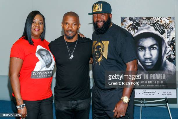 Sybrina Fulton, actor Jamie Foxx and Tracy Martin attend "Rest In Power: The Trayvon Martin Story" Screening on July 26, 2018 in Venice, California.